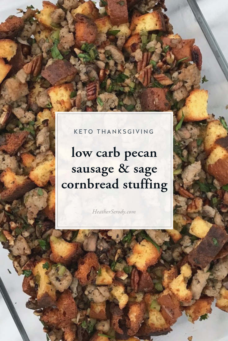 I cracked the code for tasty brown butter and sage keto cornbread, which serves as the base for this savory stuffing. If you're not a fan of cornbread stuffing, just leave out the corn extract when making the skillet cornbread and you'll have a regular white bread loaf to cube & toast for the base of this stuffing. • Thrive in Midlife